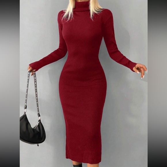 Luxe burgundy high neck sweater bodycon dress - Picture 1 of 16